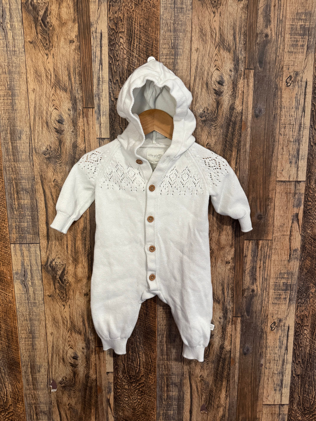 Organic cotton hooded sweater romper, size 3m